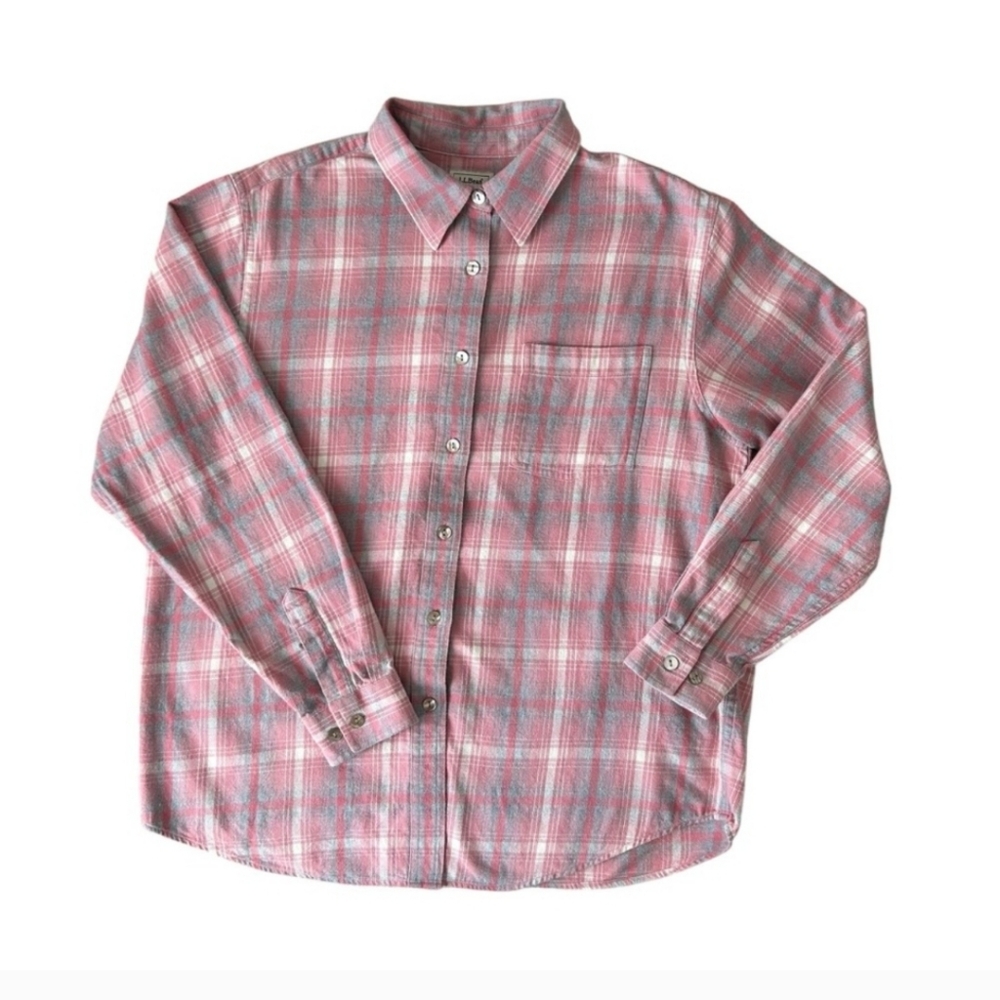 L.L. Bean Plaid Button-Up Shirt Cotton Flannel Pink Gray & White size Medium